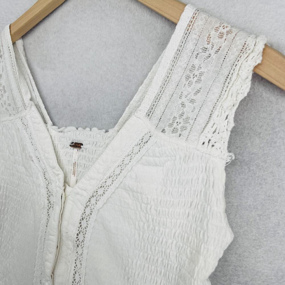 FREE PEOPLE Tank Top S On My Mind Vest Smocked Lace Trim Crop Button Up White - Picture 3 of 13